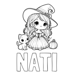 Online izdelana pobarvanka - Pobarvanka imena NATI in pobarvanka ljubke čarovnice, muce in buče