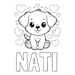 Online izdelana pobarvanka - Pobarvanka imena NATI in pobarvanka ljubkega kužka obdanega s srčki