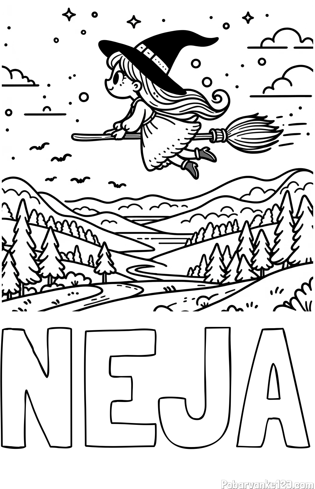 Pobarvanka imena NEJA in pobarvanka čarovnice, ki leti na metli