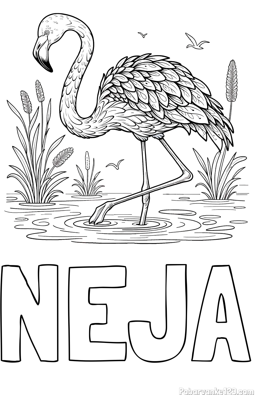 Pobarvanka imena NEJA in pobarvanka flaminga v močvirju