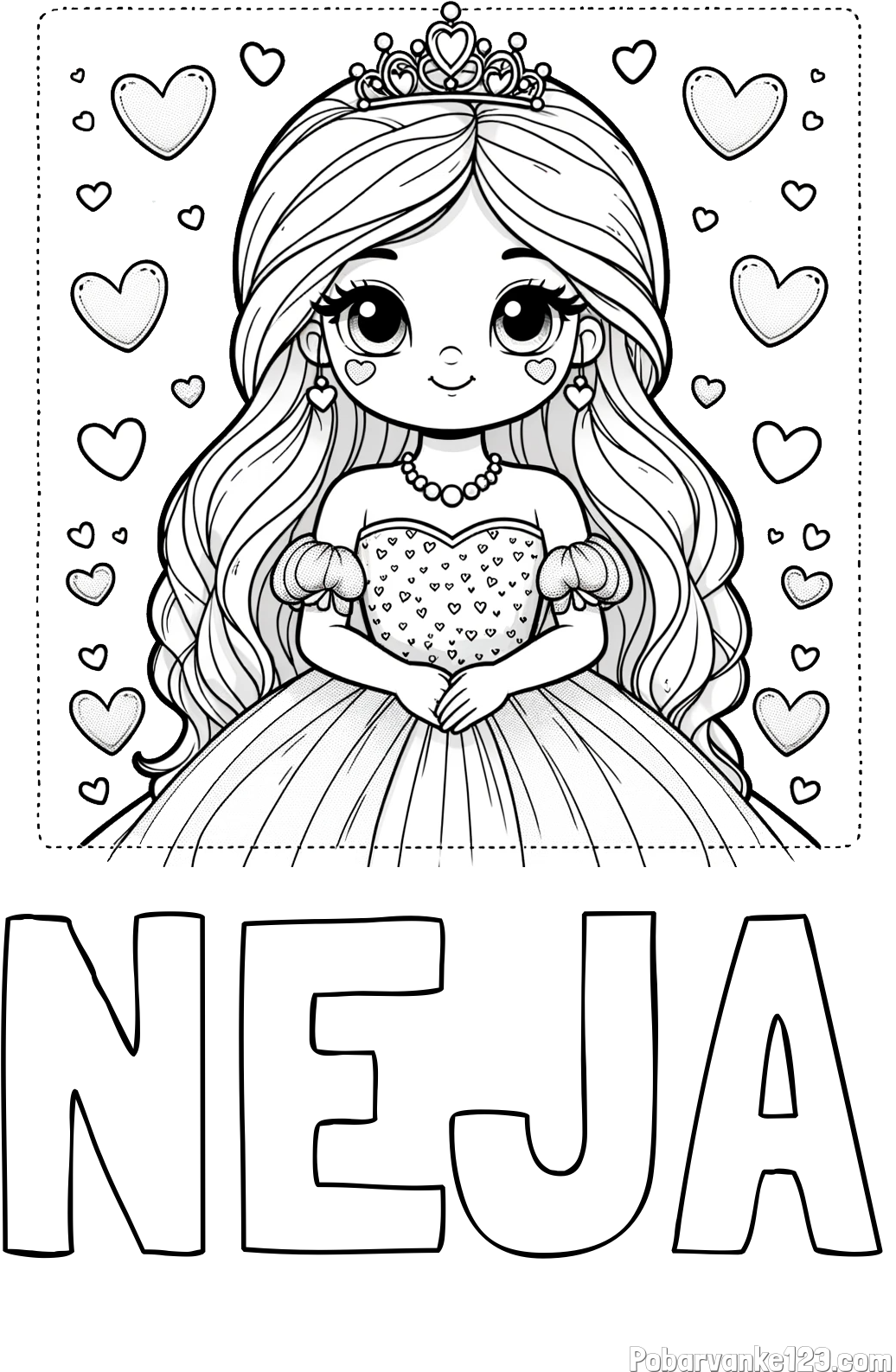 Pobarvanka imena NEJA in pobarvanka ljubke princese obdane s srčki