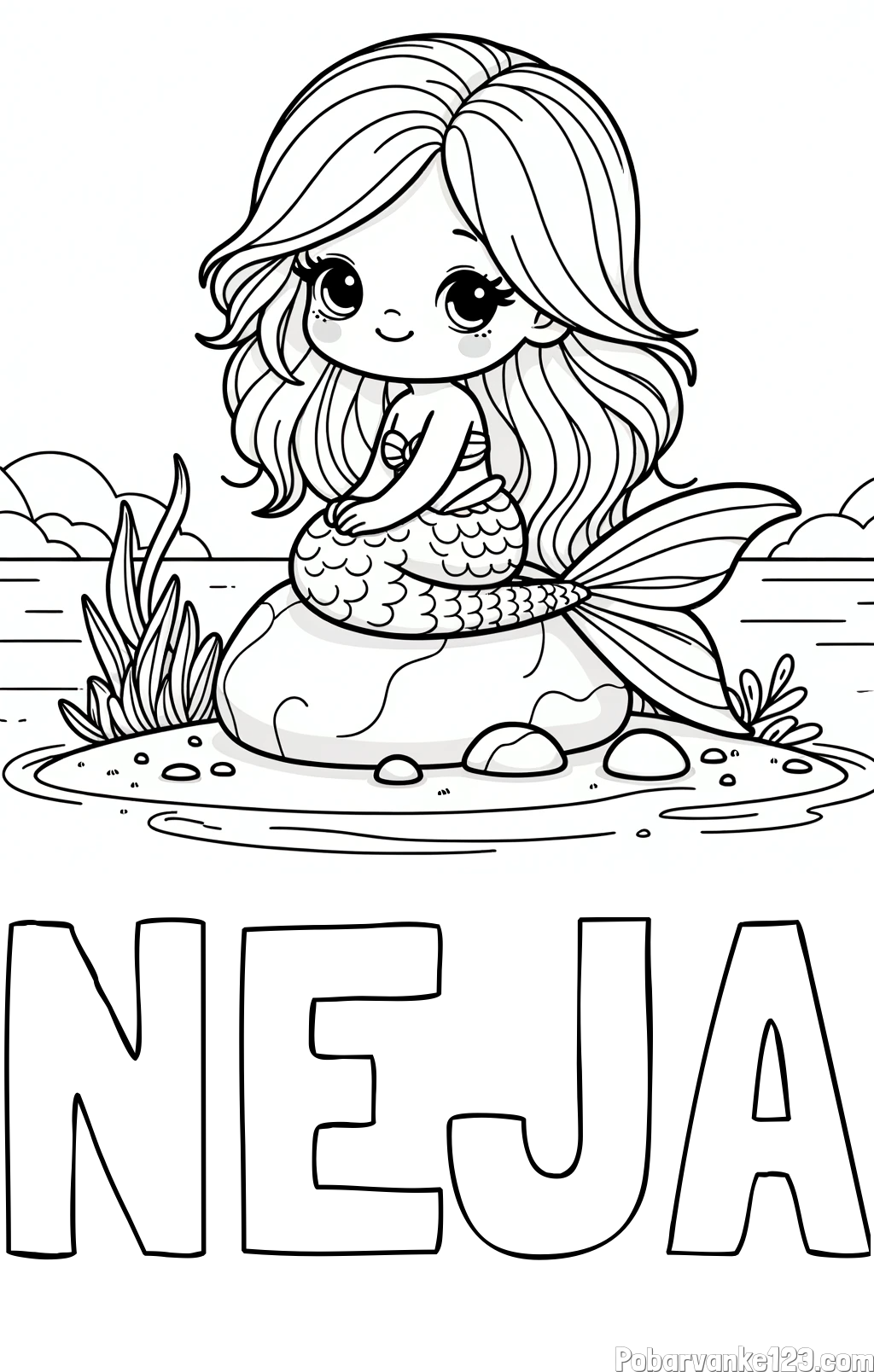 Pobarvanka imena NEJA in pobarvanka prikupne morske deklice, ki sedi na kamnu ob obali