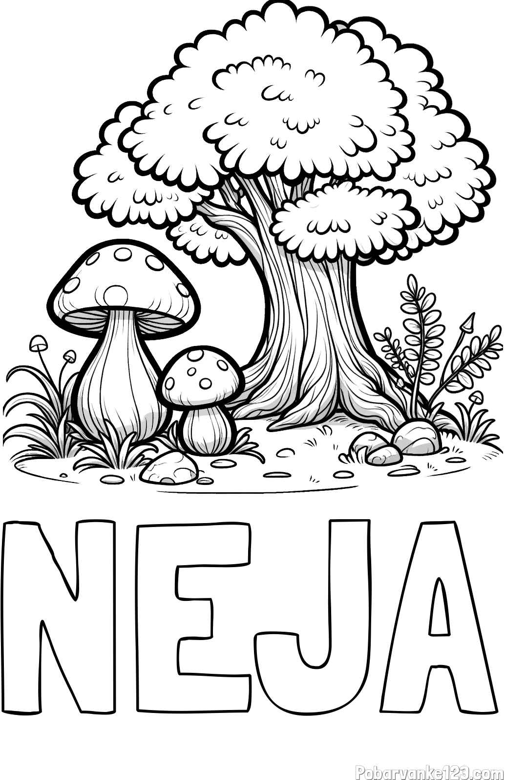 Pobarvanka imena NEJA in pobarvanka velike gobe ob drevesu