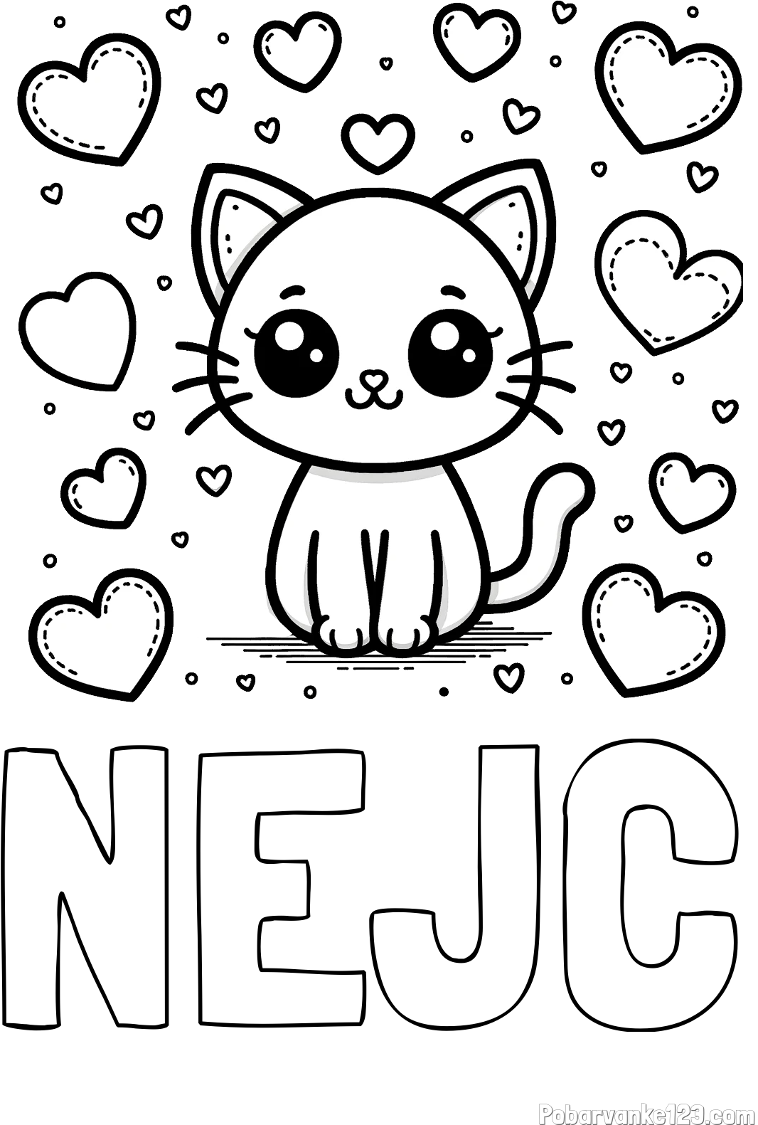 Pobarvanka imena NEJC in pobarvanka ljubke mucke obdane z veliko srčki