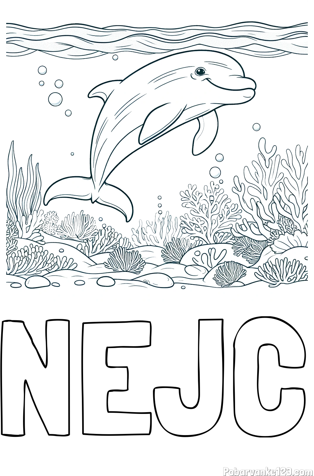 Pobarvanka imena NEJC in pobarvanka ljubkega delfina med plavanjem v morju