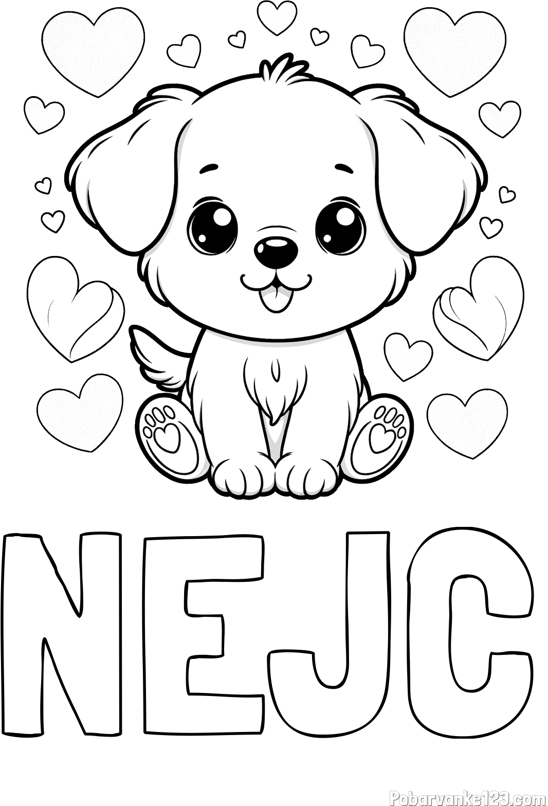 Pobarvanka imena NEJC in pobarvanka ljubkega kužka obdanega s srčki