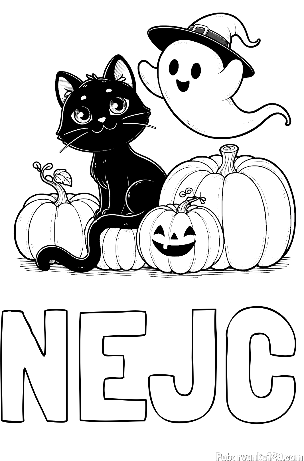 Pobarvanka imena NEJC in pobarvanka prijaznega duhca, črne mačke ter buč za noč čarovnic