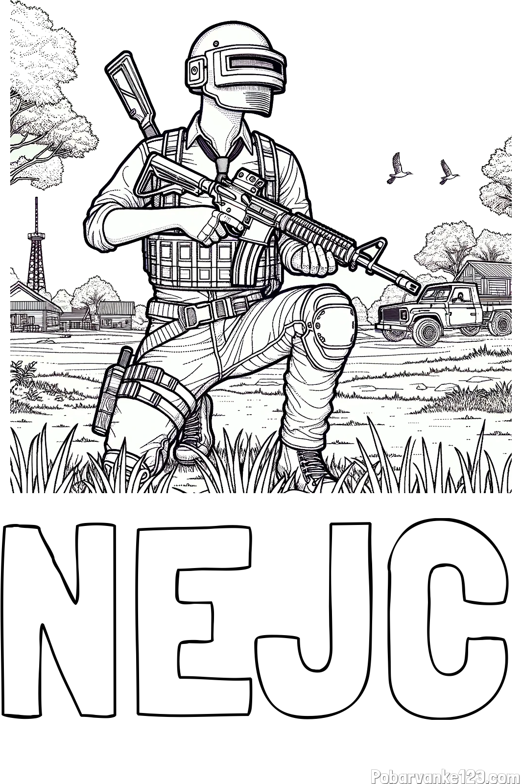 Pobarvanka imena NEJC in PUBG pobarvanka glavnega lika v klečečem položaju