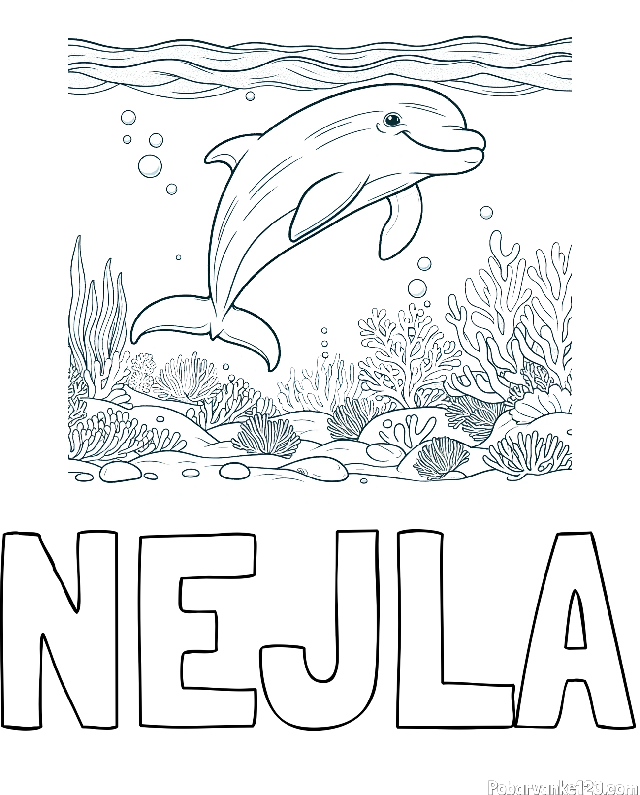 Pobarvanka imena NEJLA in pobarvanka ljubkega delfina med plavanjem v morju