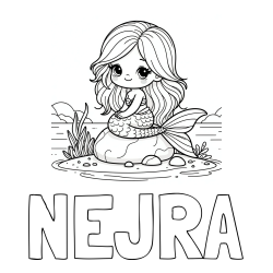Online izdelana pobarvanka - Pobarvanka imena NEJRA in pobarvanka prikupne morske deklice, ki sedi na kamnu ob obali