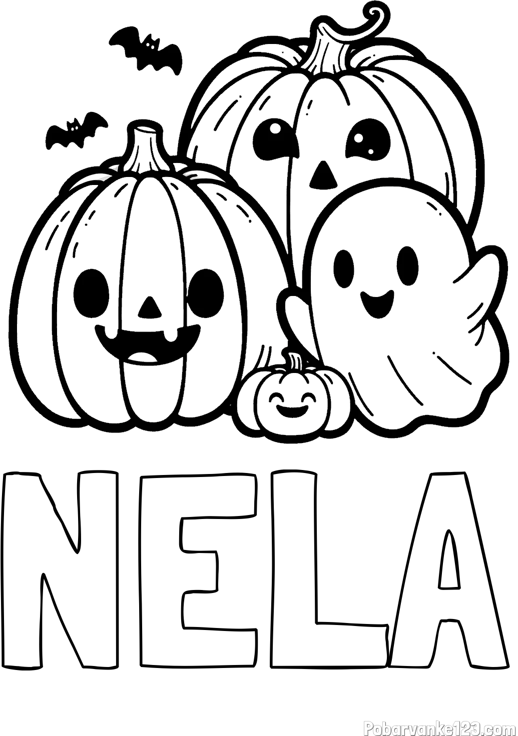 Pobarvanka imena NELA in pobarvanka duhca in buč za noč čarovnic