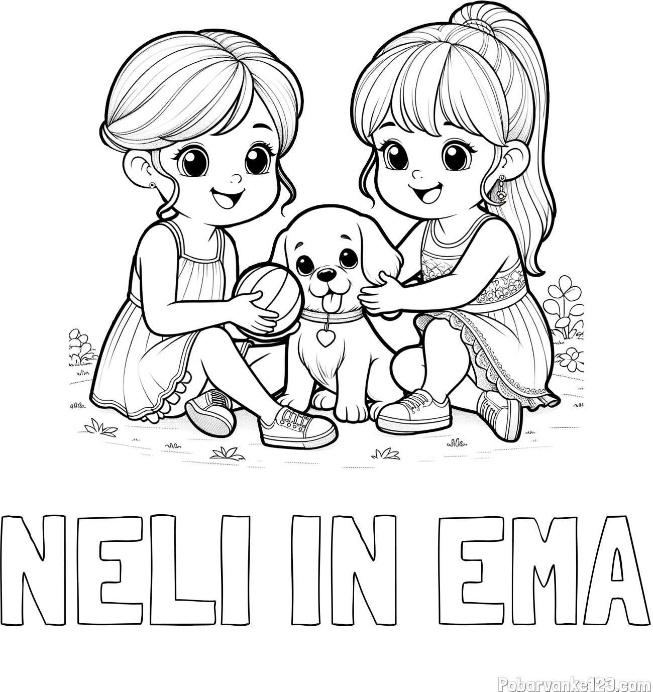 Pobarvanka imena NELI IN EMA in pobarvanka prijateljic s kužkom