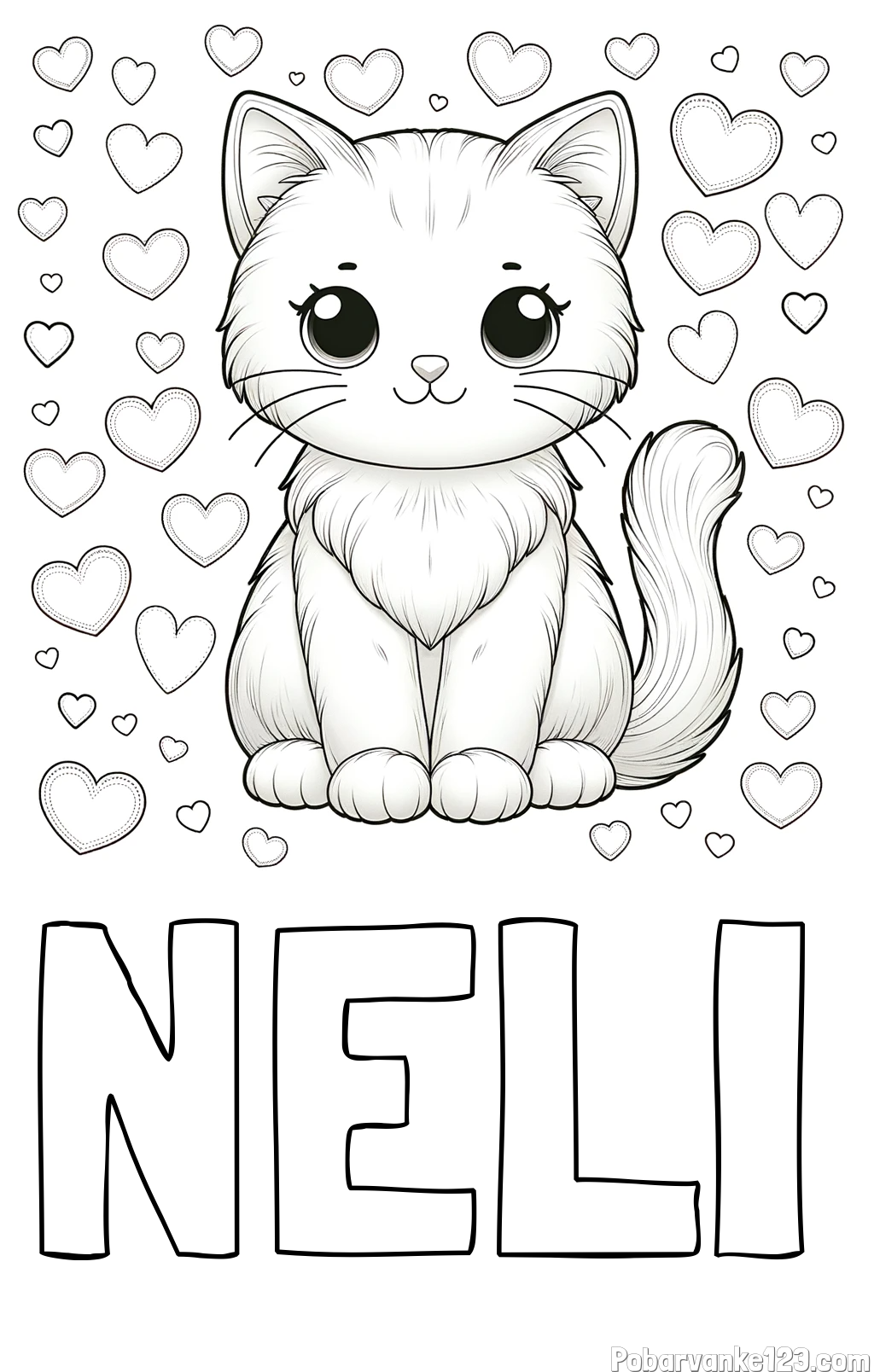 Pobarvanka imena NELI in pobarvanka ljubke mucke obdane s srčki