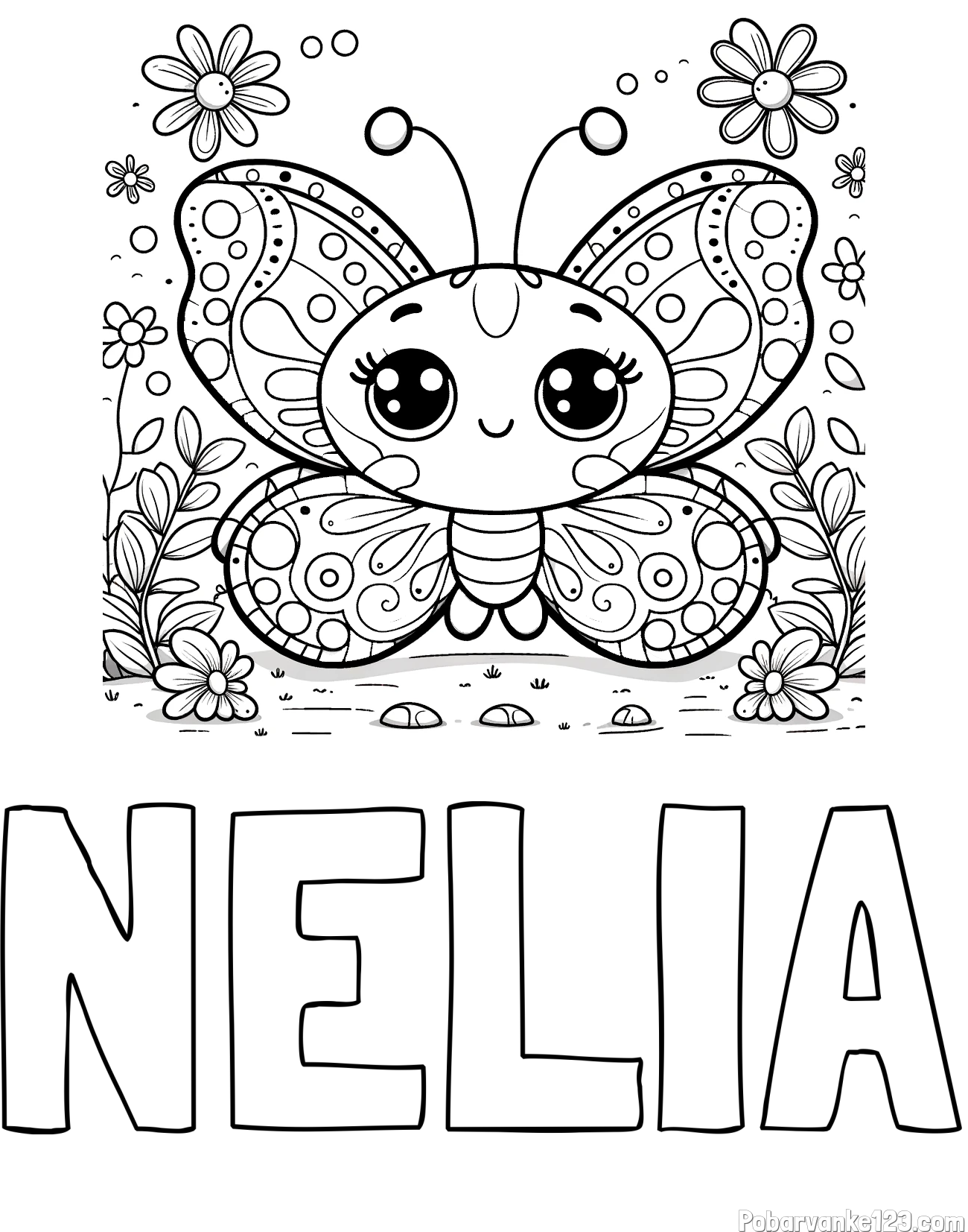 Pobarvanka imena NELIA in pobarvanka ljubkega metuljčka