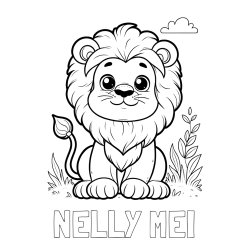 Online izdelana pobarvanka - Pobarvanka imena NELLY MEI in pobarvanka ljubkega leva