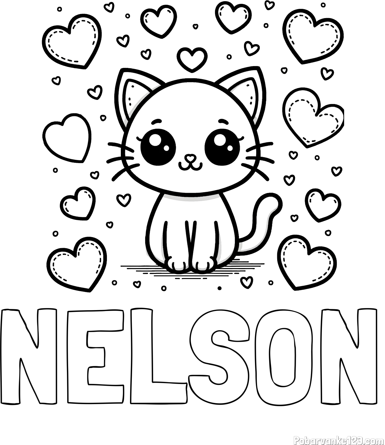 Pobarvanka imena NELSON in pobarvanka ljubke mucke obdane z veliko srčki