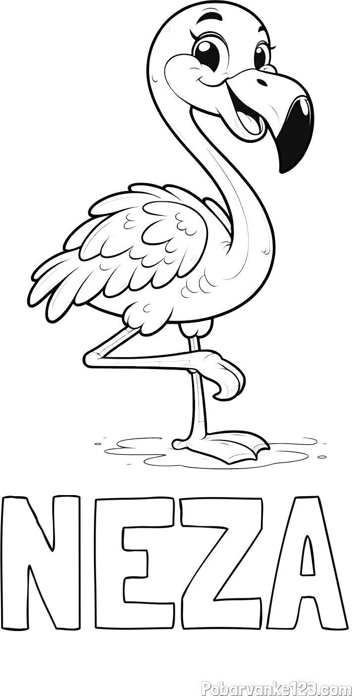 Pobarvanka imena NEŽA in otroška pobarvanka prikupnega flaminga