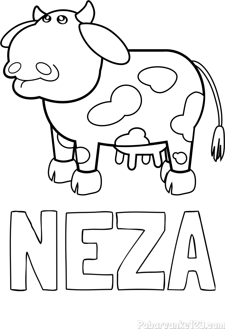 Pobarvanka imena NEŽA in otroška pobarvanka smešne krave