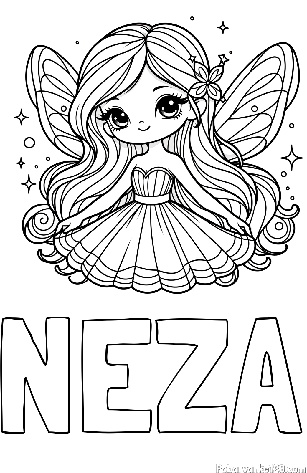 Pobarvanka imena NEŽA in pobarvanka ljubke in nasmejane čarobne vile