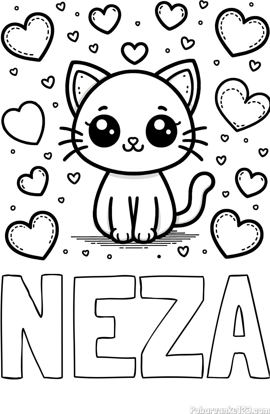 Pobarvanka imena NEŽA in pobarvanka ljubke mucke obdane z veliko srčki