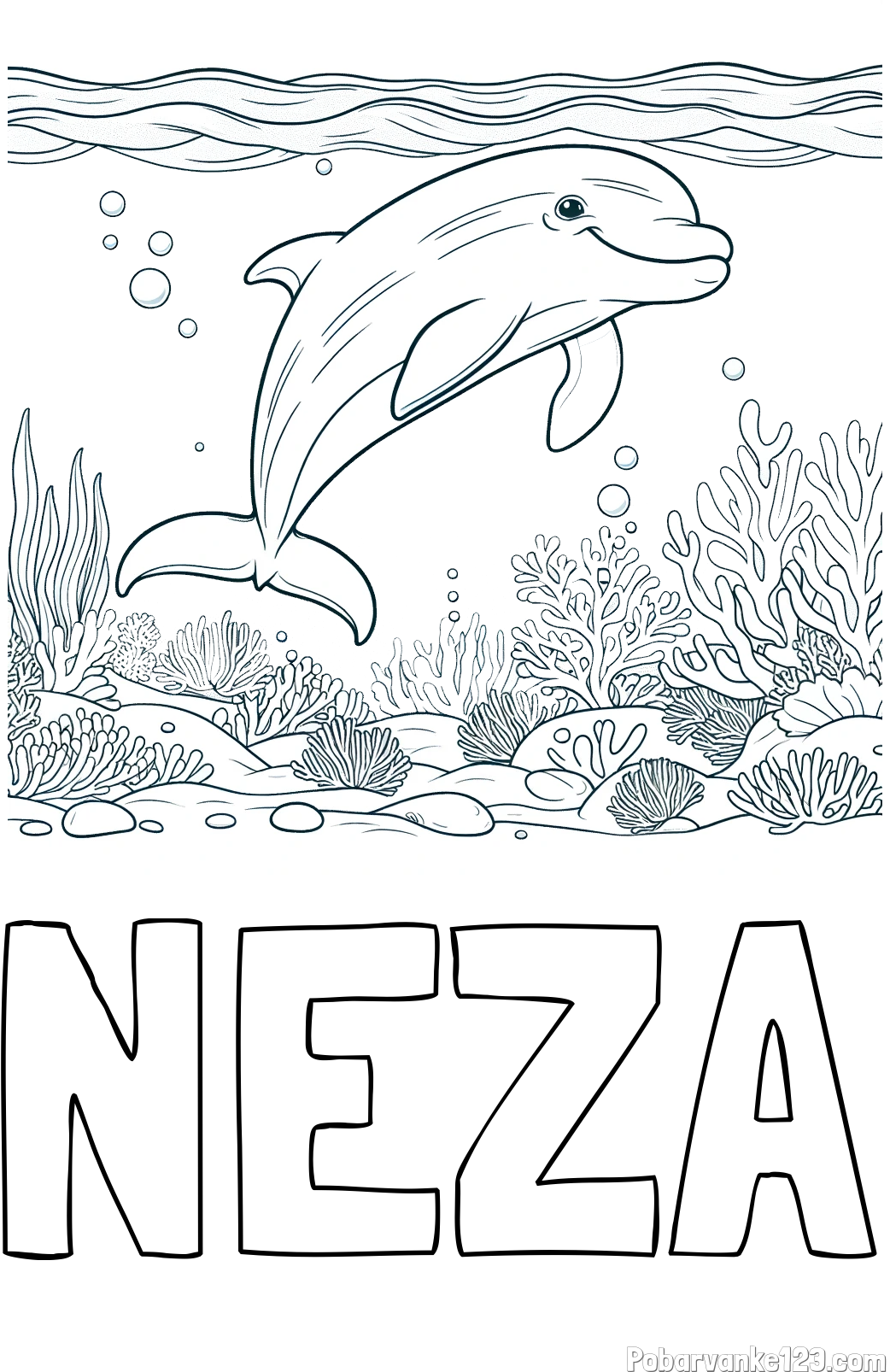 Pobarvanka imena NEŽA in pobarvanka ljubkega delfina med plavanjem v morju