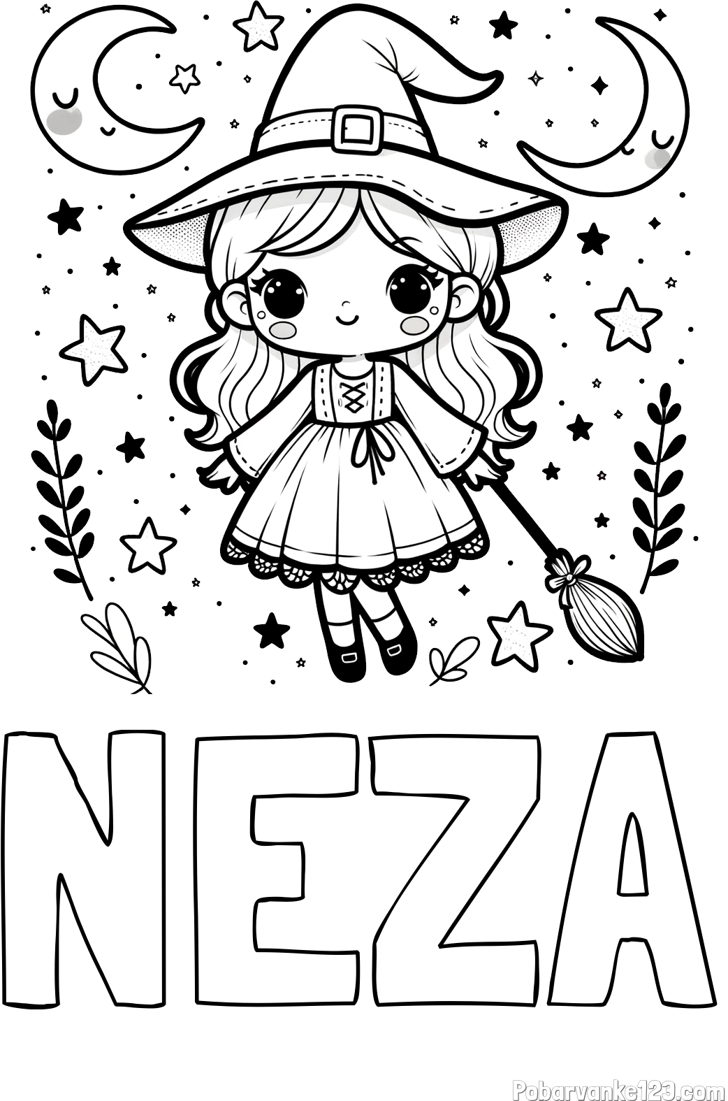 Pobarvanka imena NEZA in pobarvanka prikupne čarovnice