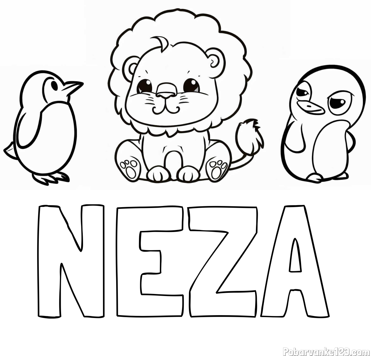 Pobarvanka imena NEŽA in pobarvanka prikupnega levčka in dveh hudomušnih pingvinčkov
