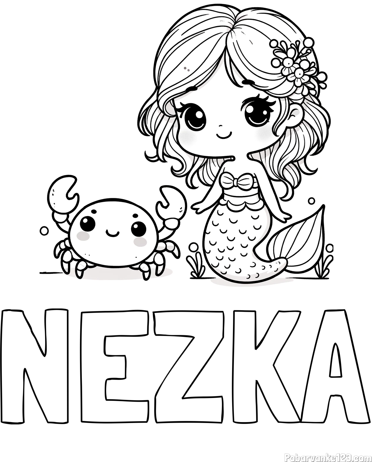 Pobarvanka imena NEŽKA in pobarvanka ljubke morske deklice in veselega raka