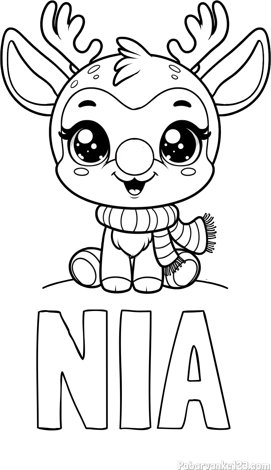Pobarvanka imena NIA in otroška pobarvanka jelenčka Rudolfa s šalom okoli vratu
