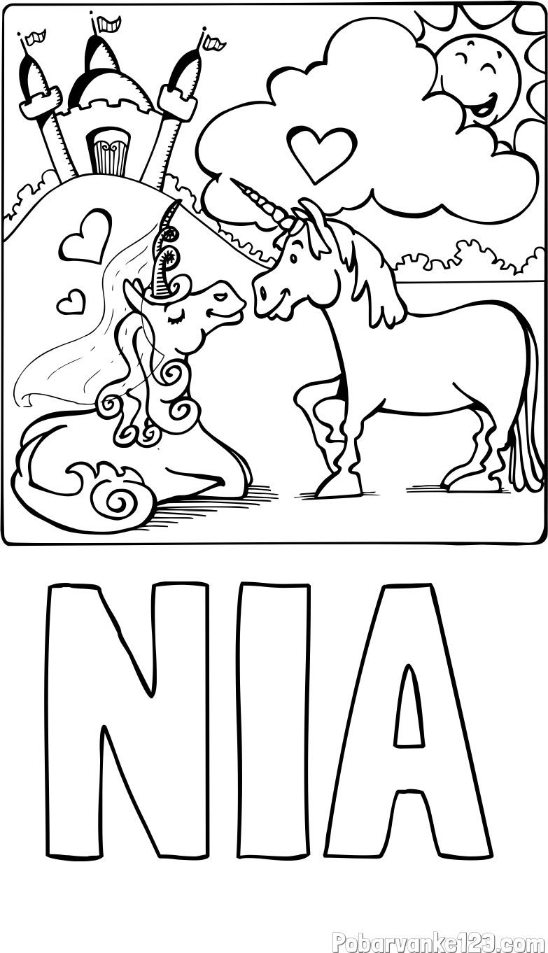 Pobarvanka imena NIA in pobarvanka zaljubljenih samorogov