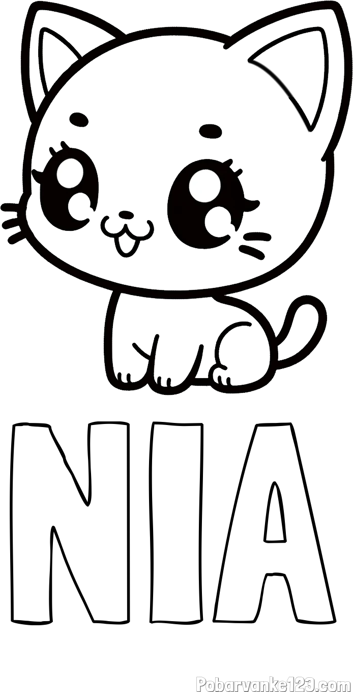 Pobarvanka imena NIA in pobarvnaka ljubke muce v anime slogu