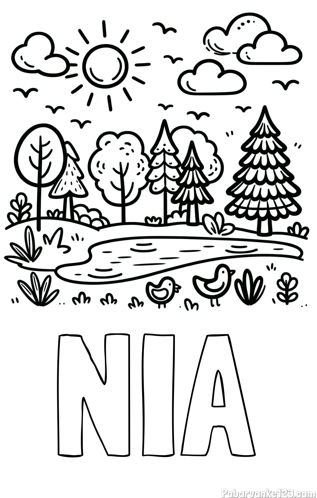 Pobarvanka imena NIA in preprosta otroška pobarvanka narave