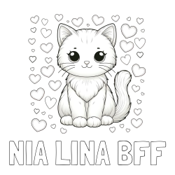 Pobarvanka imena NIA LINA BFF in pobarvanka ljubke mucke obdane s srčki