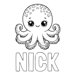 Online izdelana pobarvanka - Pobarvanka imena NICK in otroška pobarvanka ljubke hobotnice