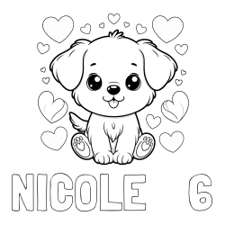 Online izdelana pobarvanka - Pobarvanka imena NICOLE    6 in pobarvanka ljubkega kužka obdanega s srčki