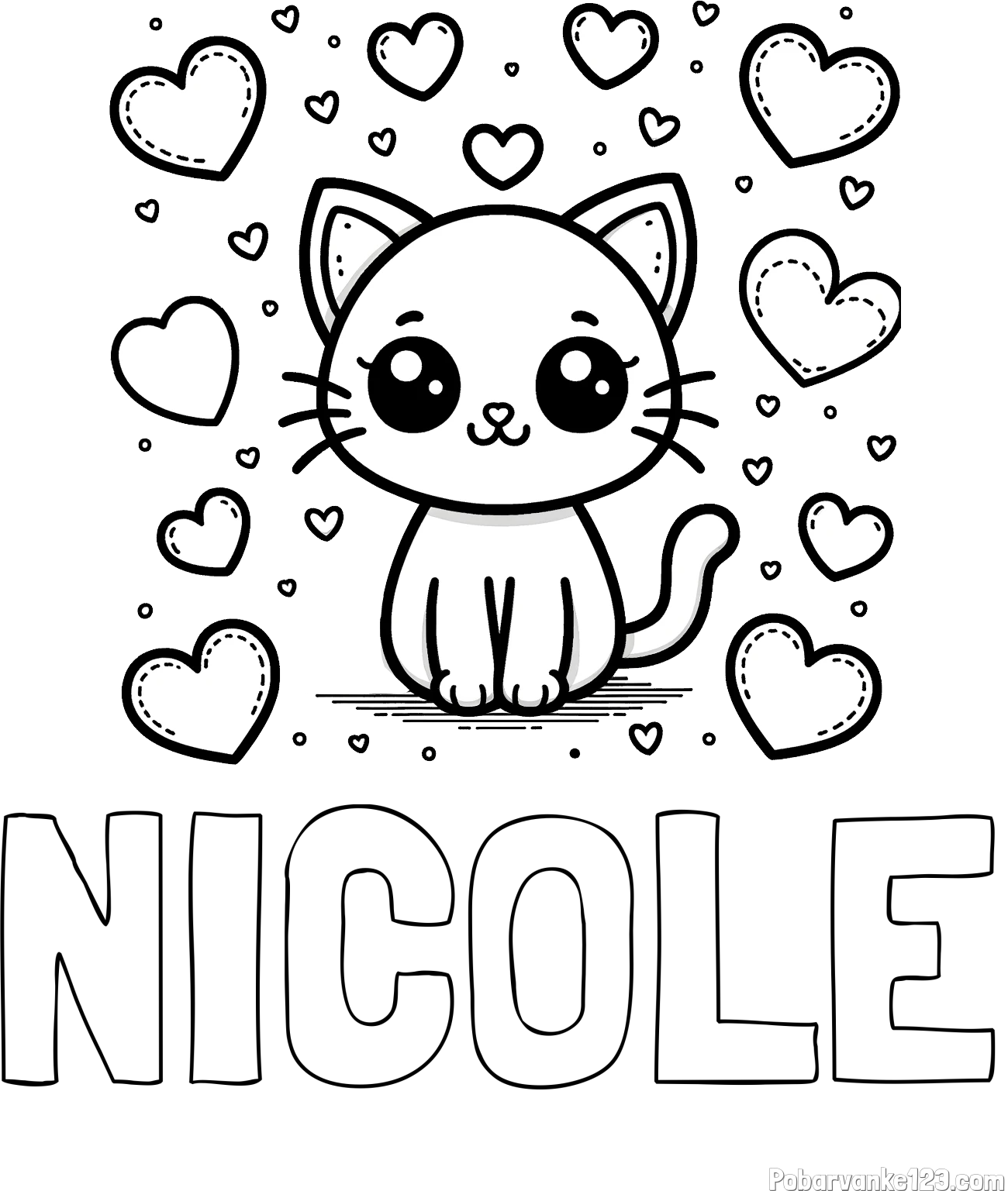 Pobarvanka imena NICOLE in pobarvanka ljubke mucke obdane z veliko srčki