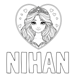 Online izdelana pobarvanka - Pobarvanka imena NIHAN in pobarvanka princeske ter srčkov