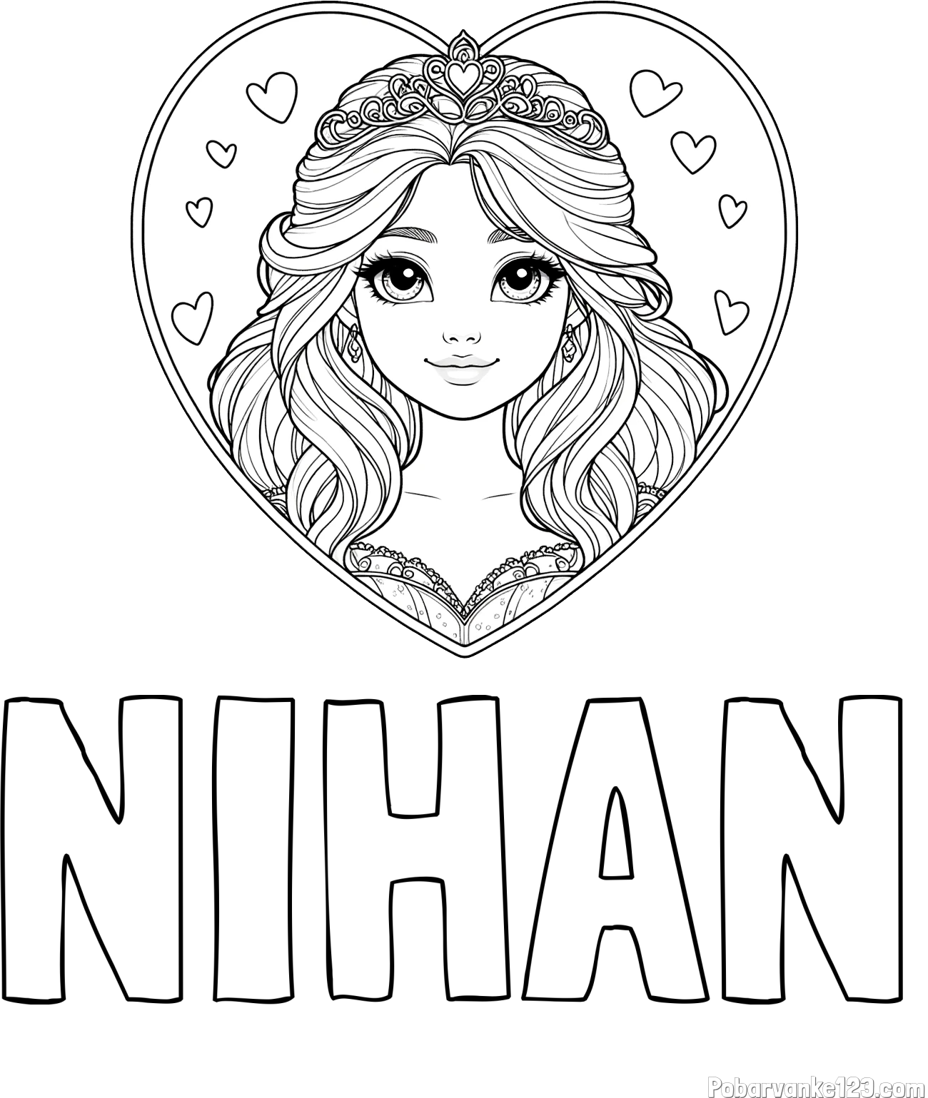 Pobarvanka imena NIHAN in pobarvanka princeske ter srčkov