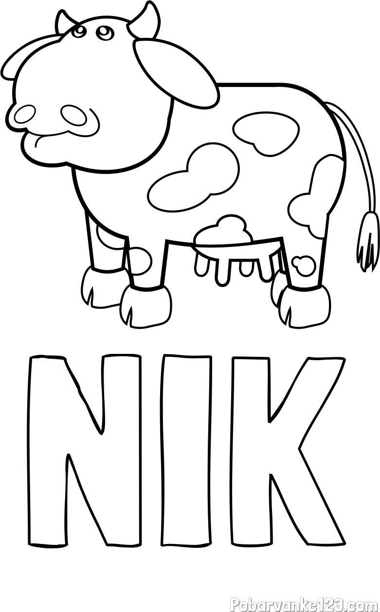 Pobarvanka imena NIK in otroška pobarvanka smešne krave