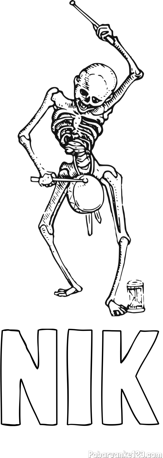 Pobarvanka imena NIK in pobarvanka okostnjaka, ki igra na boben