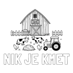 Online izdelana pobarvanka - Pobarvanka imena NIK JE KMET in otroška pobarvanka velikega senika, krav in traktorja