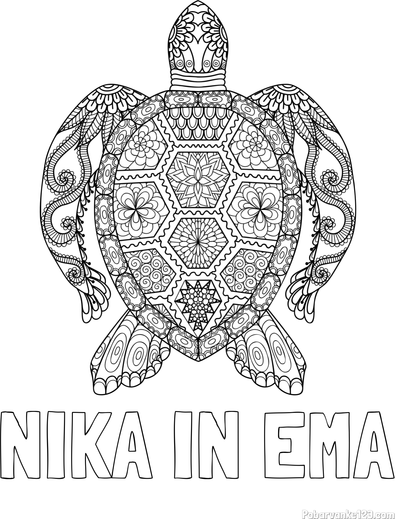 Pobarvanka imena NIKA IN EMA in pobarvanka želve - mandale