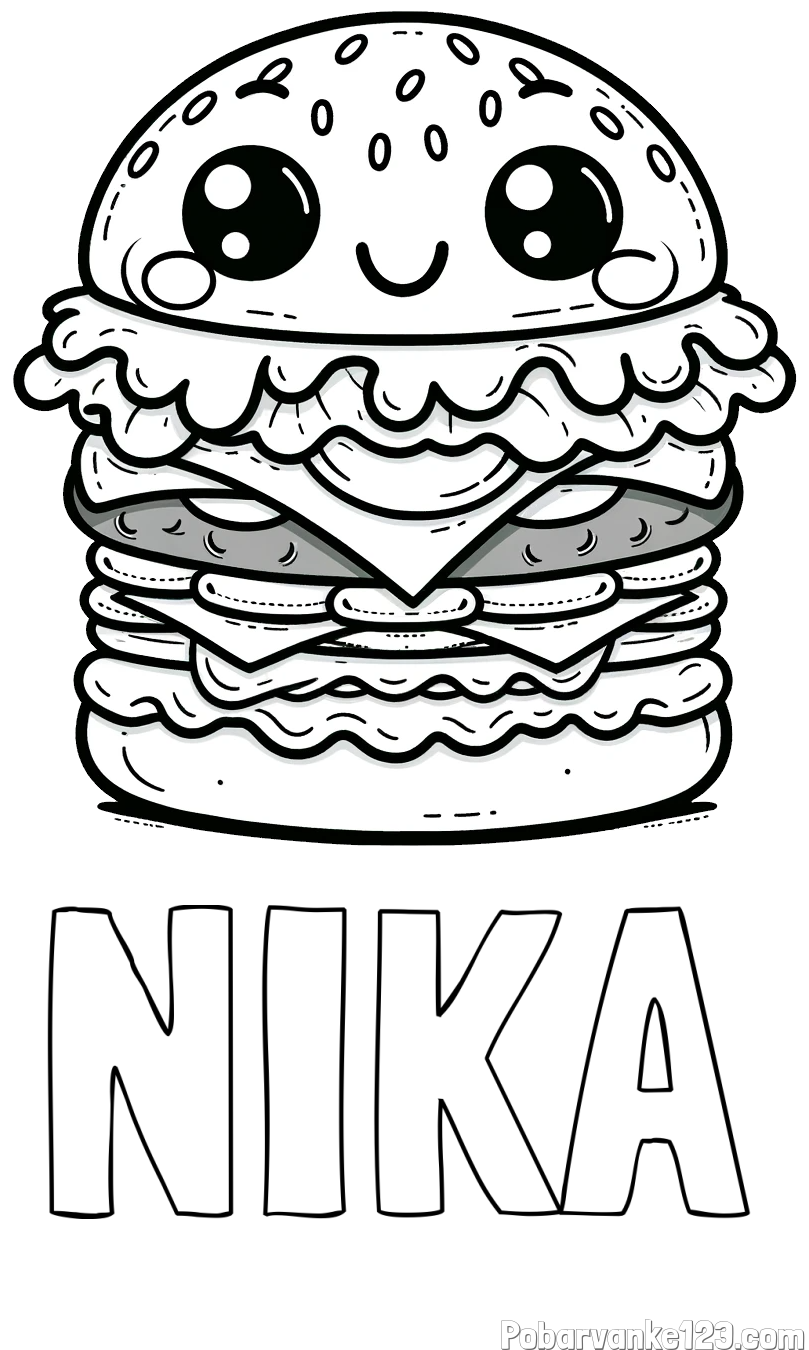 Pobarvanka imena NIKA in otroška pobarvanka nasmejanega hamburgerja