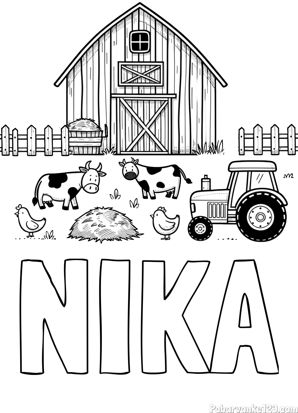 Pobarvanka imena NIKA in otroška pobarvanka velikega senika, krav in traktorja