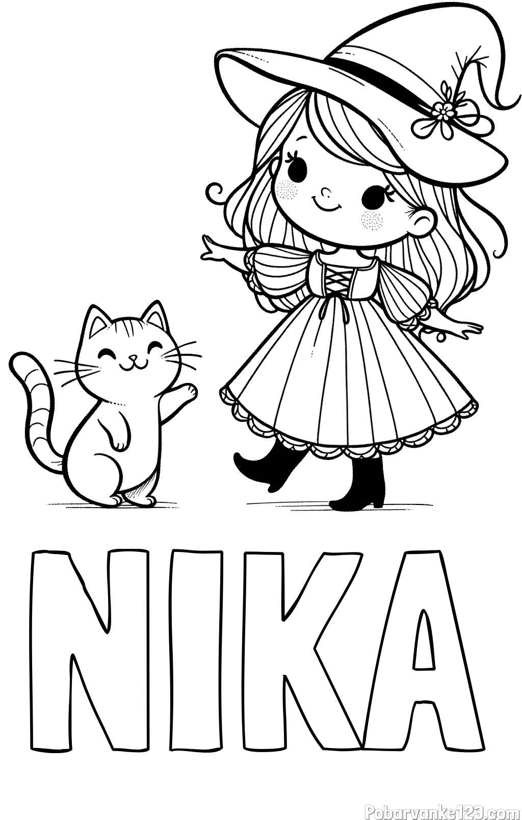 Pobarvanka imena NIKA in pobarvanka ljubke čarovnice ter podrednega mačka