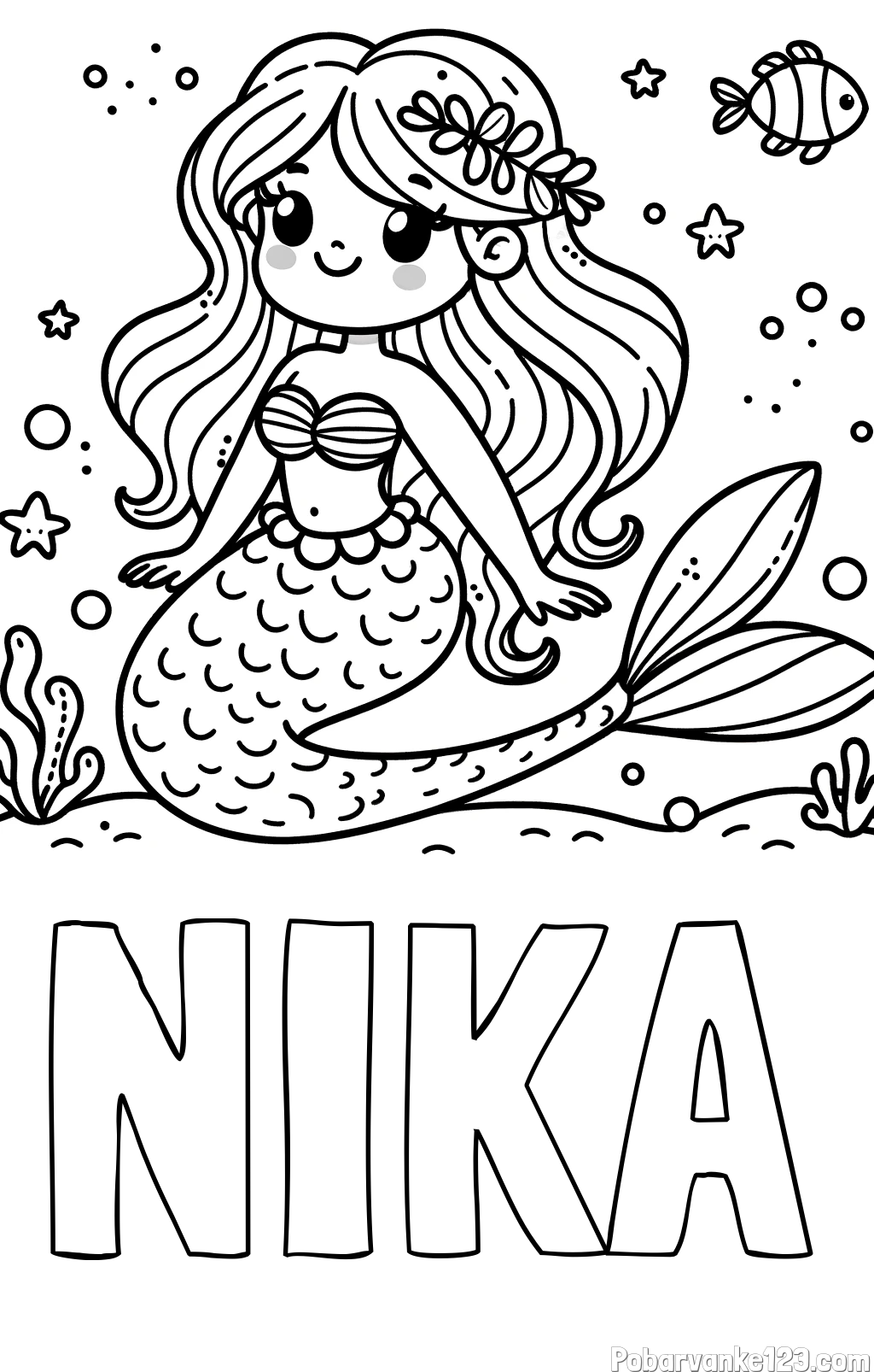 Pobarvanka imena NIKA in pobarvanka ljubke morske deklice v morju