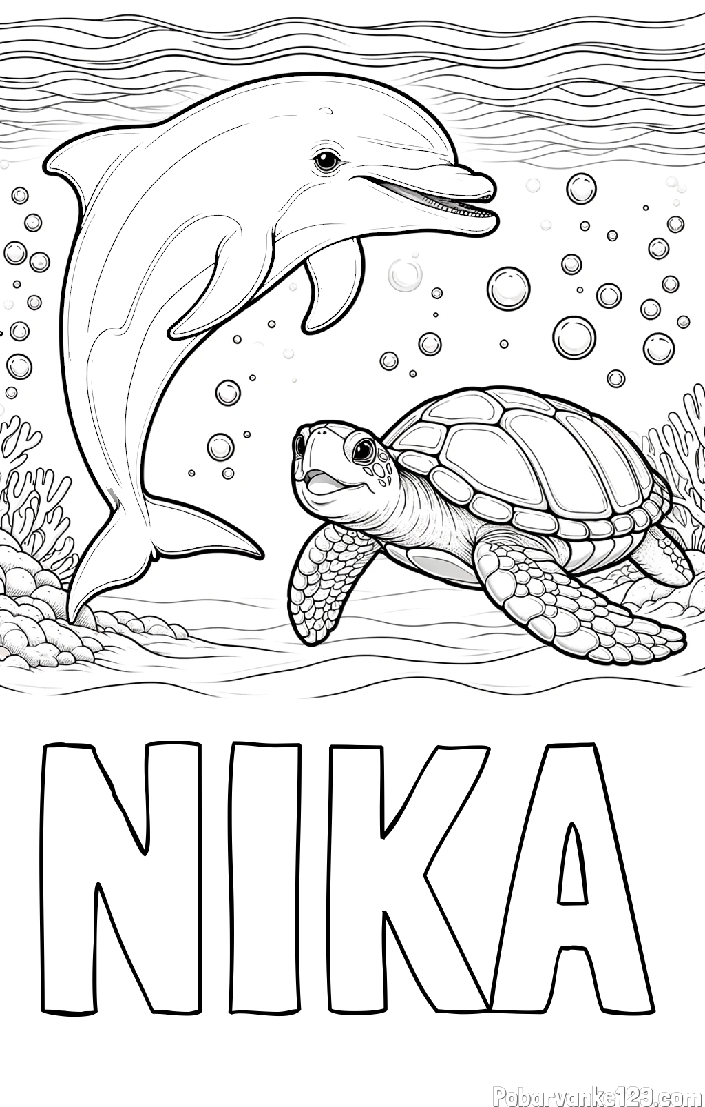 Pobarvanka imena NIKA in pobarvanka ljubkega delfina in njegove prijateljice želve