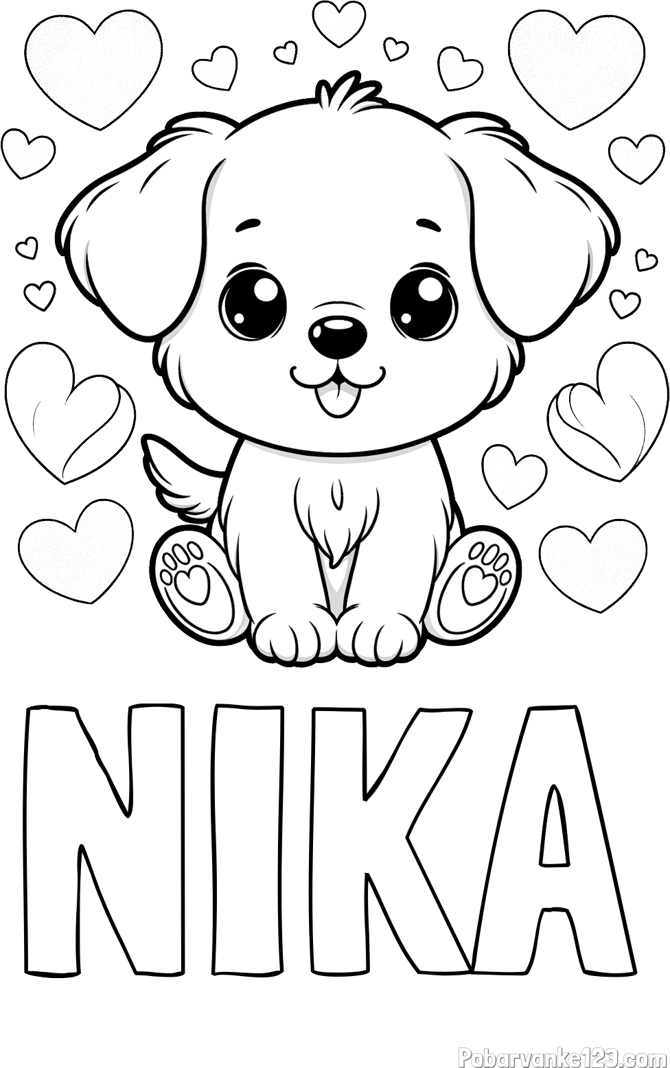 Pobarvanka imena NIKA in pobarvanka ljubkega kužka obdanega s srčki
