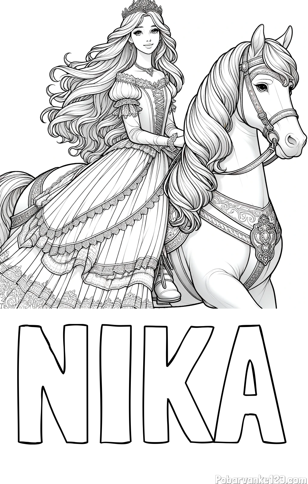 Pobarvanka imena NIKA in pobarvanka nasmejana princese na konju