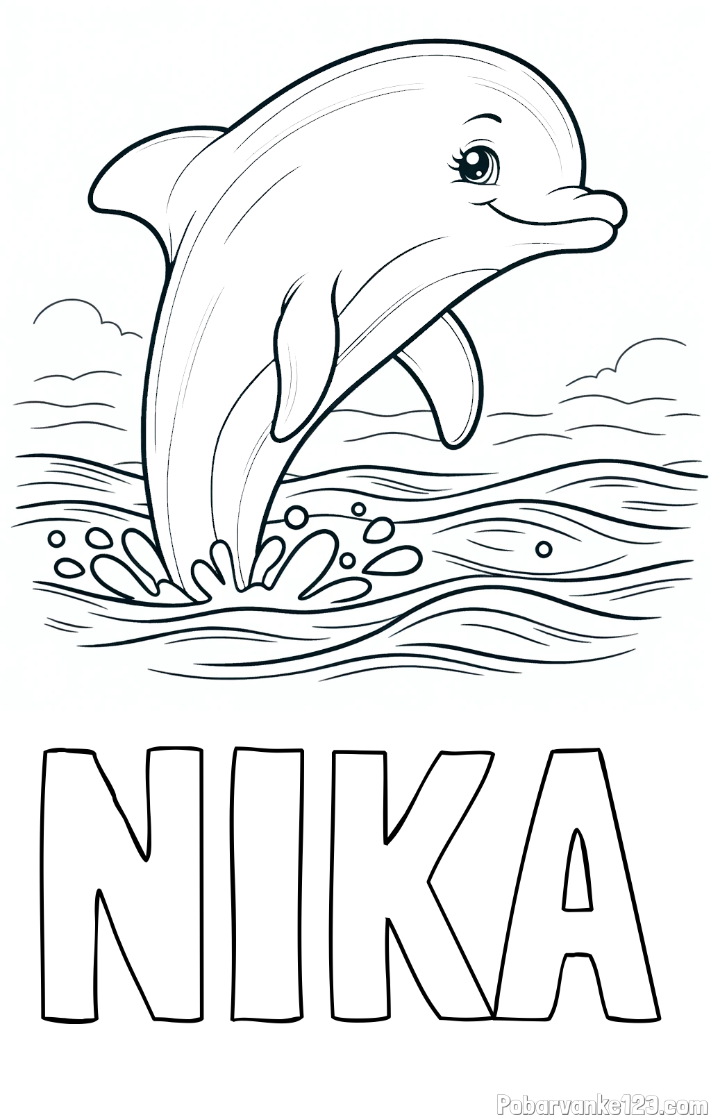 Pobarvanka imena NIKA in pobarvanka nasmejanega delfina v  skoku